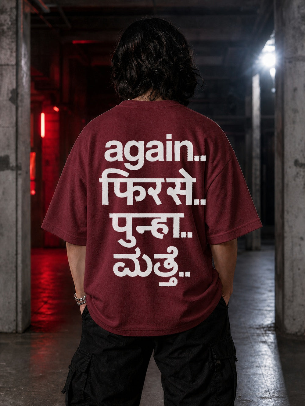 Again Phir Se unisex maroon terry oversized tee – back print