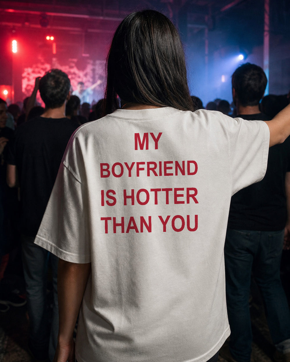 My Boyfriend Is Hotter Than You unisex Terry oversized tee – warehouse event lifestyle back view