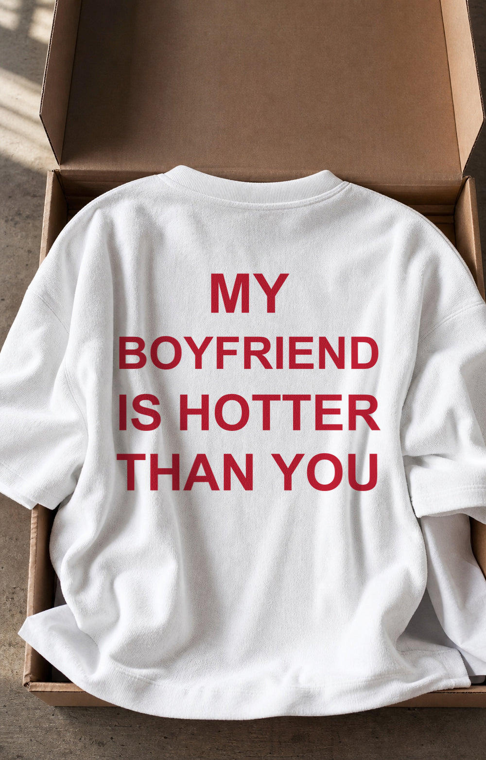 My Boyfriend Is Hotter Than You unisex Terry oversized tee – boxed product back view