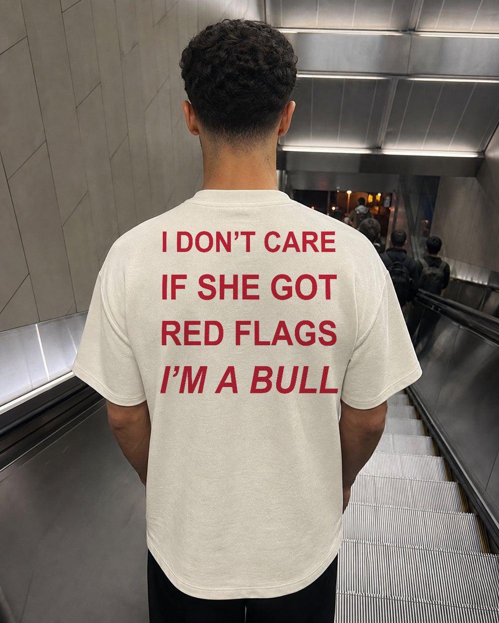 Red Flags I’m a Bull unisex Terry oversized tee – metro escalator lifestyle back view