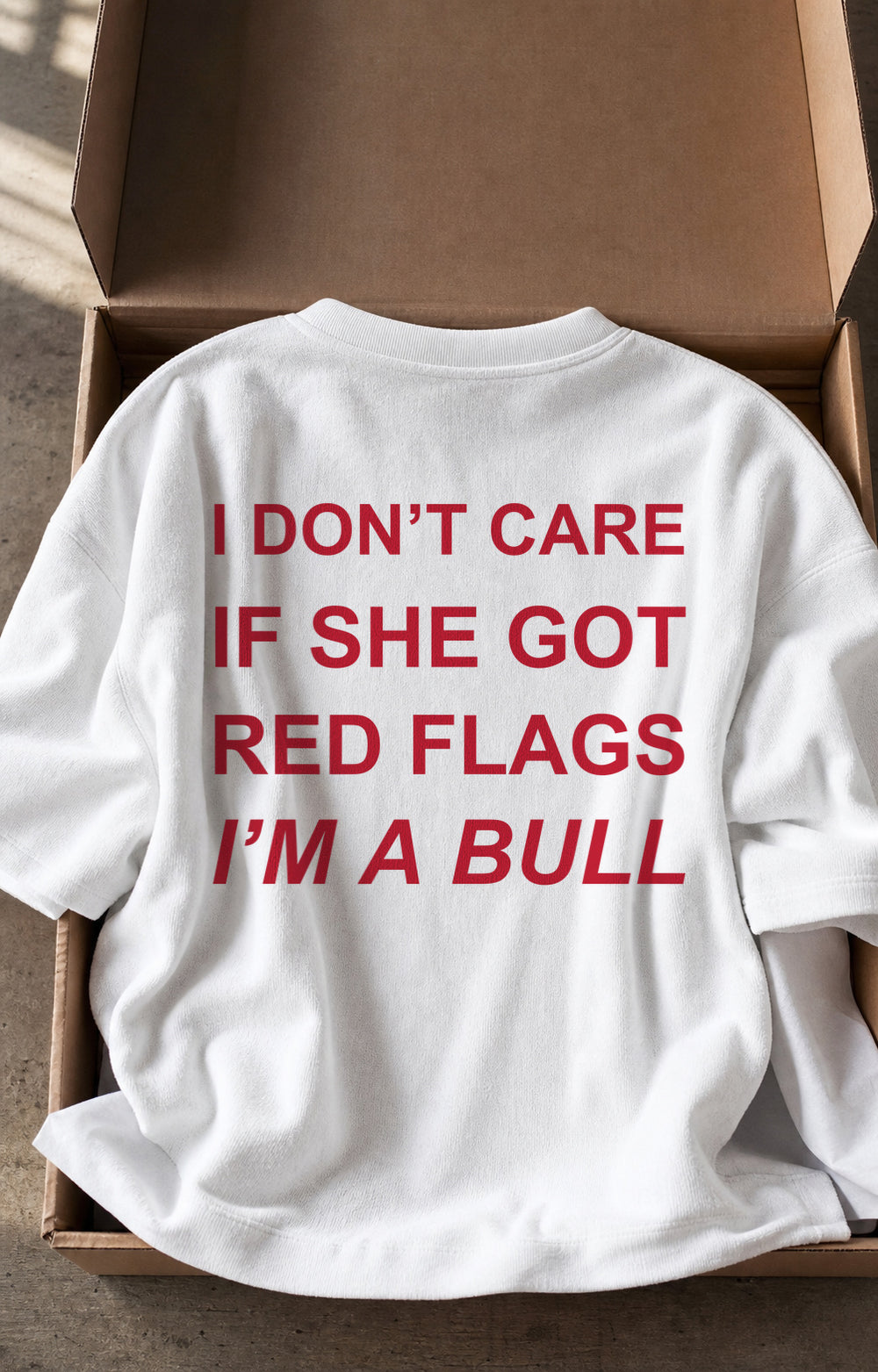 Red Flags I’m a Bull unisex Terry oversized tee – boxed product back view